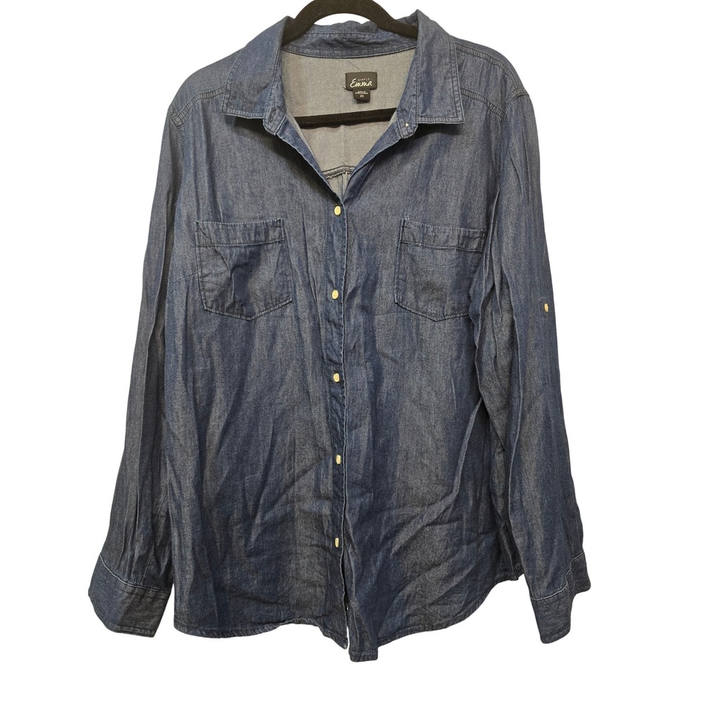Simply Emma 2X Blue Chambray Denim Button Down Plus Size Coastal Grandma Casual